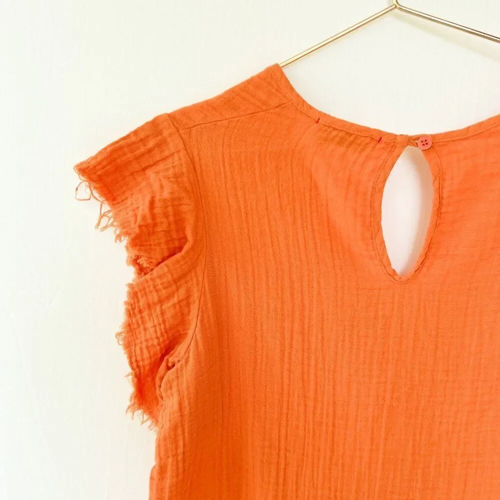 Stark X Gauze Ruffle Sleeve V Neck Orange Top Small